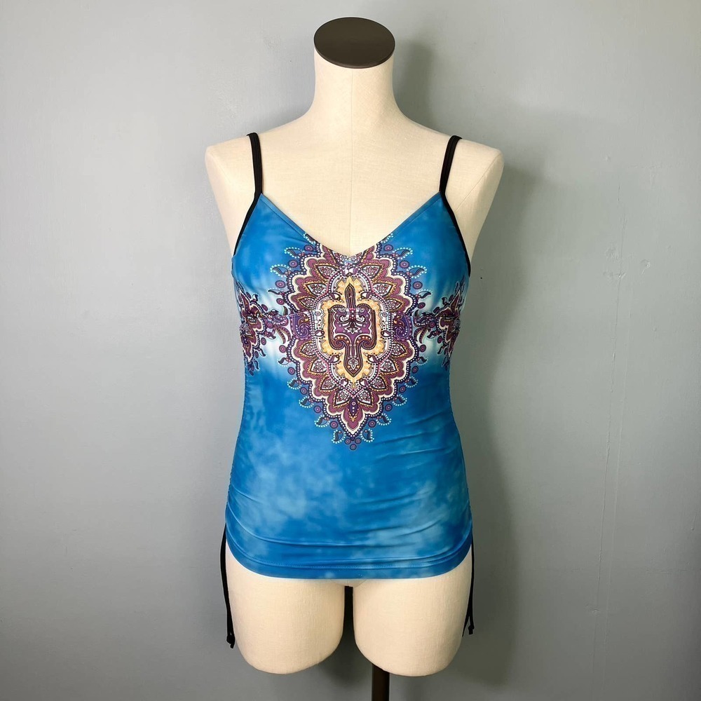 PRANA Moorea Tankini Blue Paisley Shirred Sides Swimsuit Top Women's Size XS